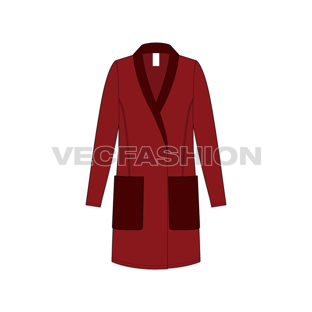 A vector apparel template for Women's Outerwear Jacket. It is rendered in 5 colors and have all details like, pockets, panels, showing inside lining view etc. 