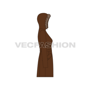 A vector template for Women's Winter Parka Coat. It is rendered with detailed fur around the hood and it has belt at east and pockets on the side. 