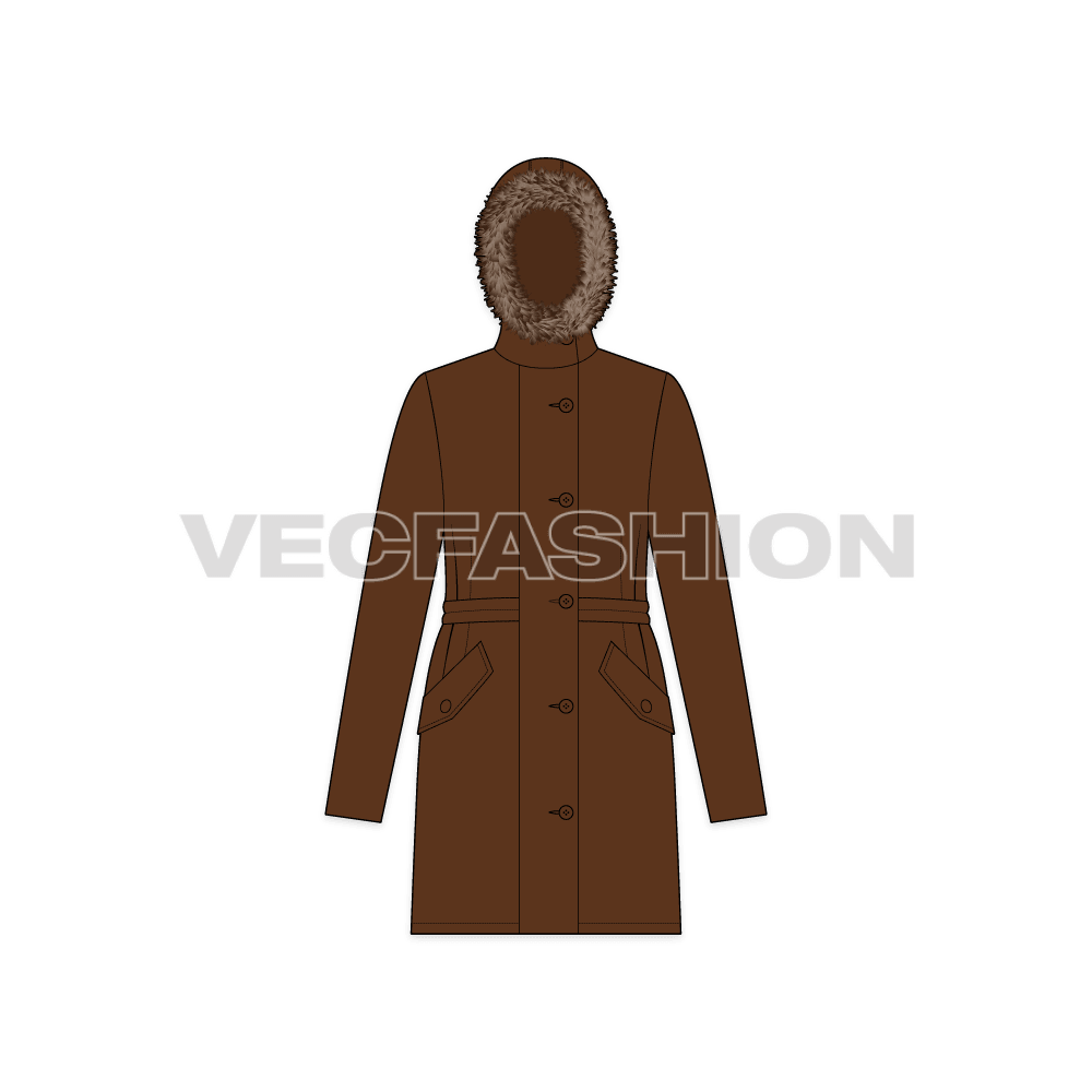 Women's Winter Parka Coat flat sketch, front view