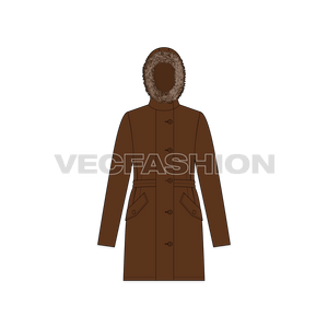 A vector template for Women's Winter Parka Coat. It is rendered with detailed fur around the hood and it has belt at east and pockets on the side. 