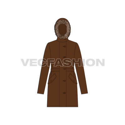 A vector template for Women's Winter Parka Coat. It is rendered with detailed fur around the hood and it has belt at east and pockets on the side. 