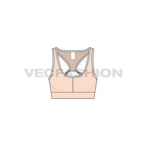 A vector fashion sketch template of Women's Workout Bra. It is rendered in black color with white colored trims. This is a great style with low neck great for work out exercise. 