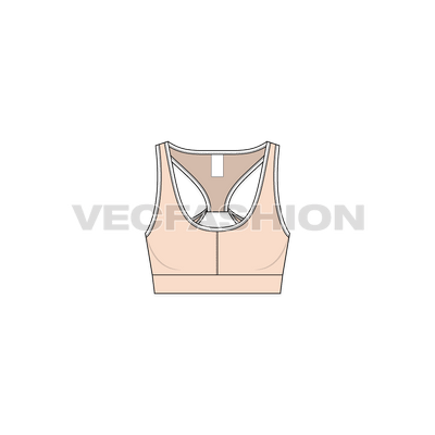 A vector fashion sketch template of Women's Workout Bra. It is rendered in black color with white colored trims. This is a great style with low neck great for work out exercise. 