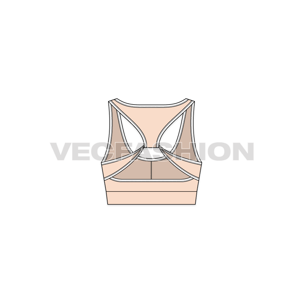 Womens workout bra flat sketch, back view