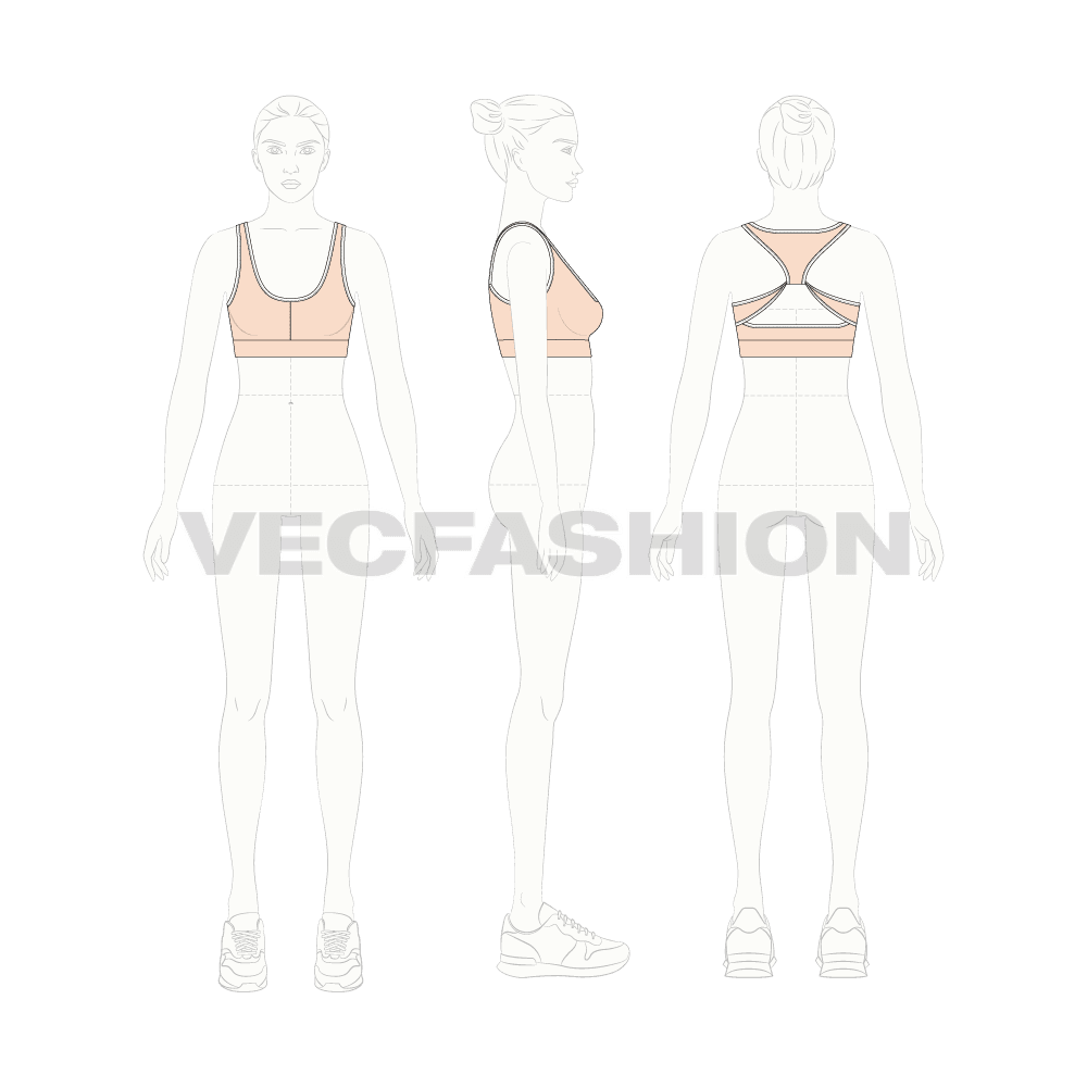 Womens workout bra flat sketch, croqui sketch