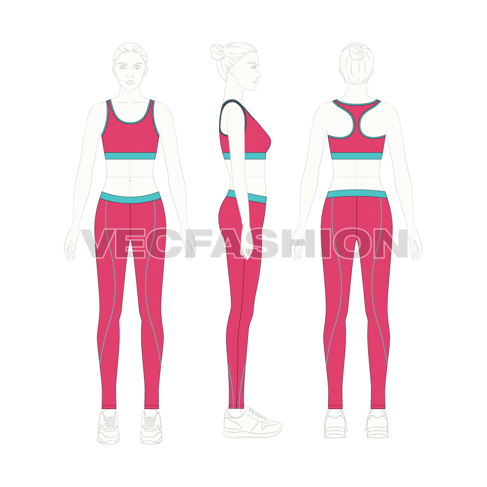 Womens workout set flat sketch, on croqui