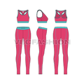 Womens workout set flat sketch, showing all views, front, side and back