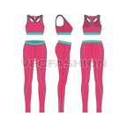 Womens workout set flat sketch, showing all views, front, side and back