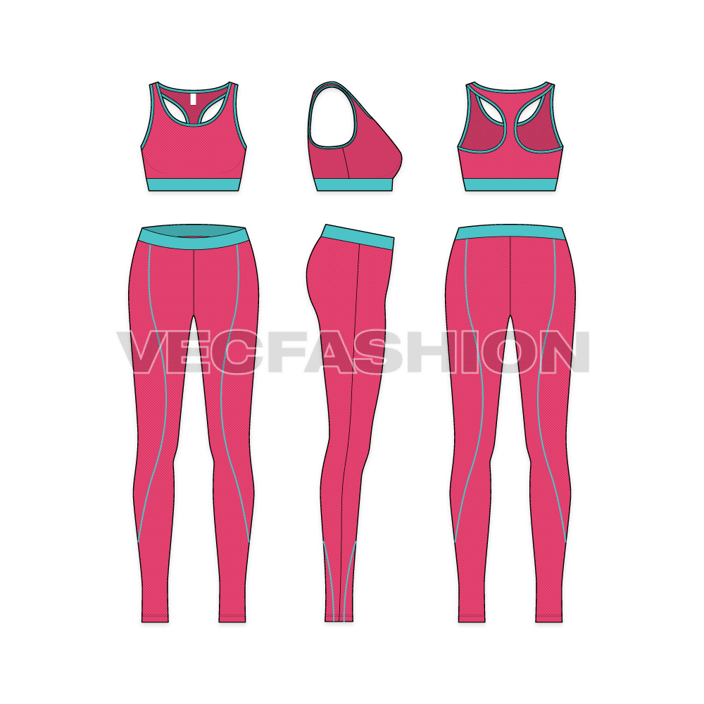 Womens workout set flat sketch, showing all views, front, side and back