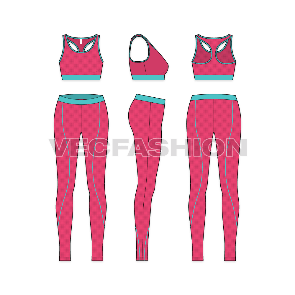 A Sport Template Set for Women's Women Workout Training, having two vectors of a Sports Top and Sport Bottom. Individually these products are also called as Sports Bra and Yoga Pants.These templates are added with design elements that makes them unique and attractive.