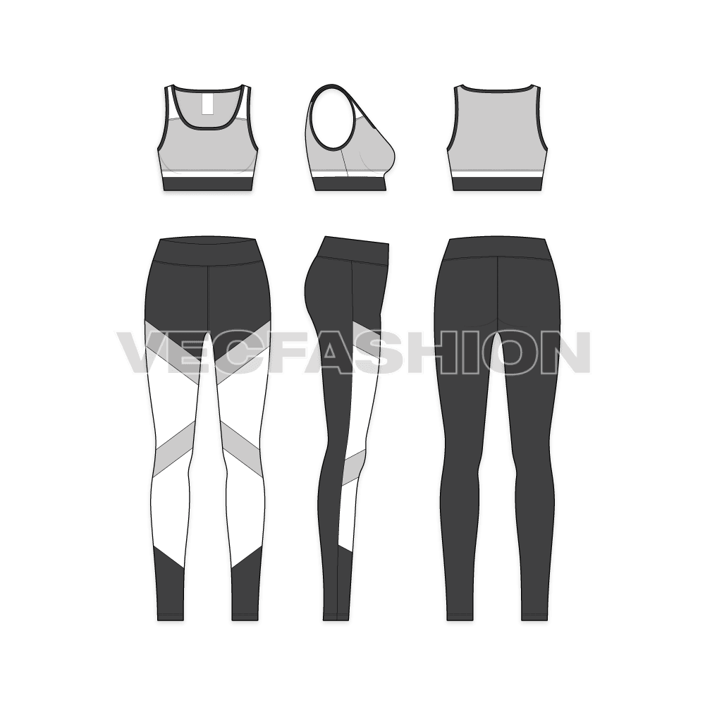 Womens workout set flat sketch, showing all views, front, side and back