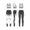 Womens workout set flat sketch, showing all views, front, side and back