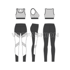 Womens workout set flat sketch, showing all views, front, side and back