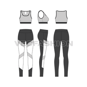 A vector fashion sketch template of Women's Workout Set. It is a complete set with sports bra and compression leggings. The design is inspired by modern styles and gives a great comfort while working out. 