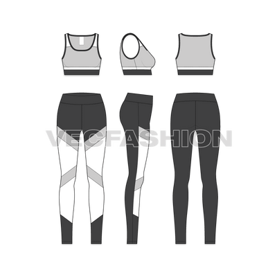 A vector fashion sketch template of Women's Workout Set. It is a complete set with sports bra and compression leggings. The design is inspired by modern styles and gives a great comfort while working out. 