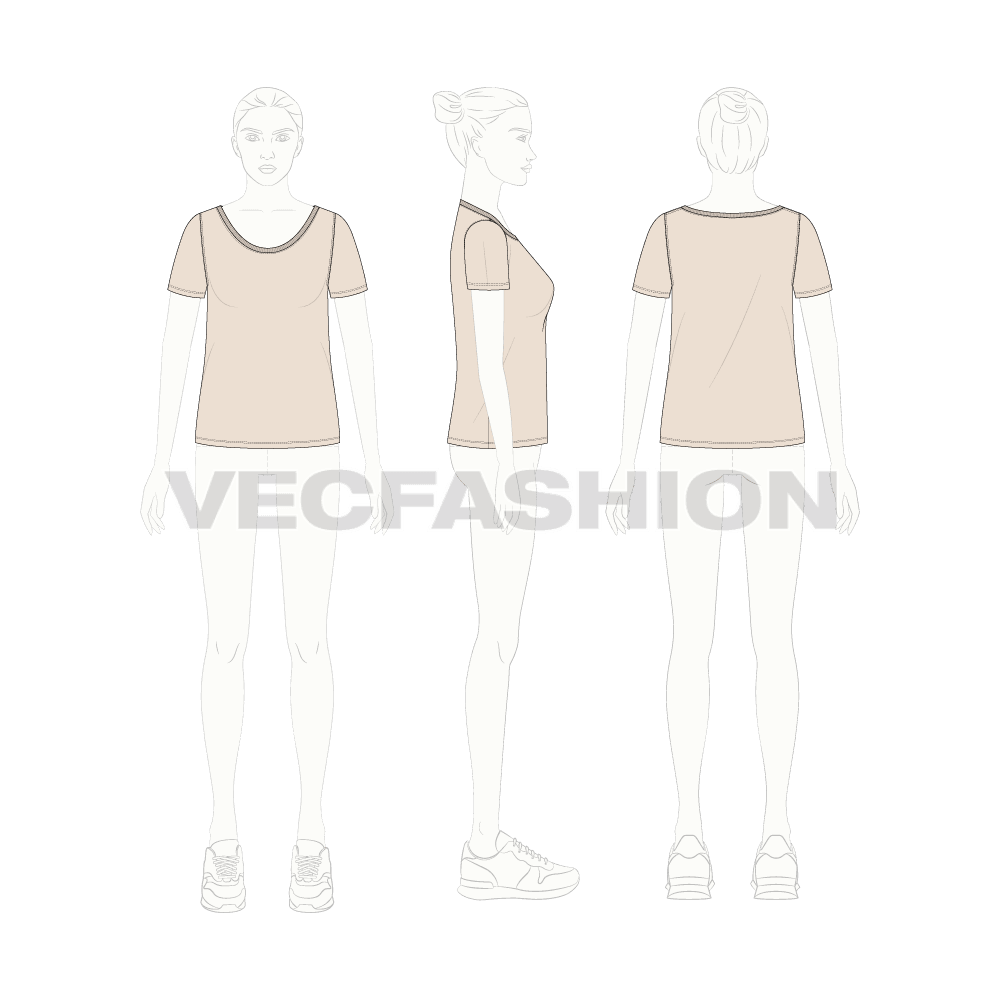 Womens workout tee flat sketch, croqui sketch