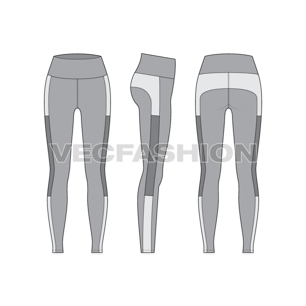 Womens yoga pants flat sketch, showing all views, front, side and back
