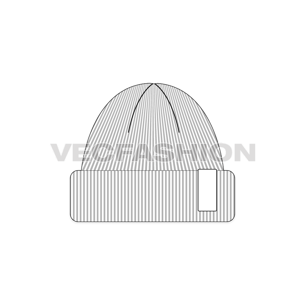 A vector illustrator template of Woolen Beanie. It is showing the wool knitted rods on the sketch with front is folded. There is a woven label added on it for branding. 