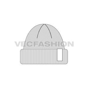 A vector illustrator template of Woolen Beanie. It is showing the wool knitted rods on the sketch with front is folded. There is a woven label added on it for branding. 