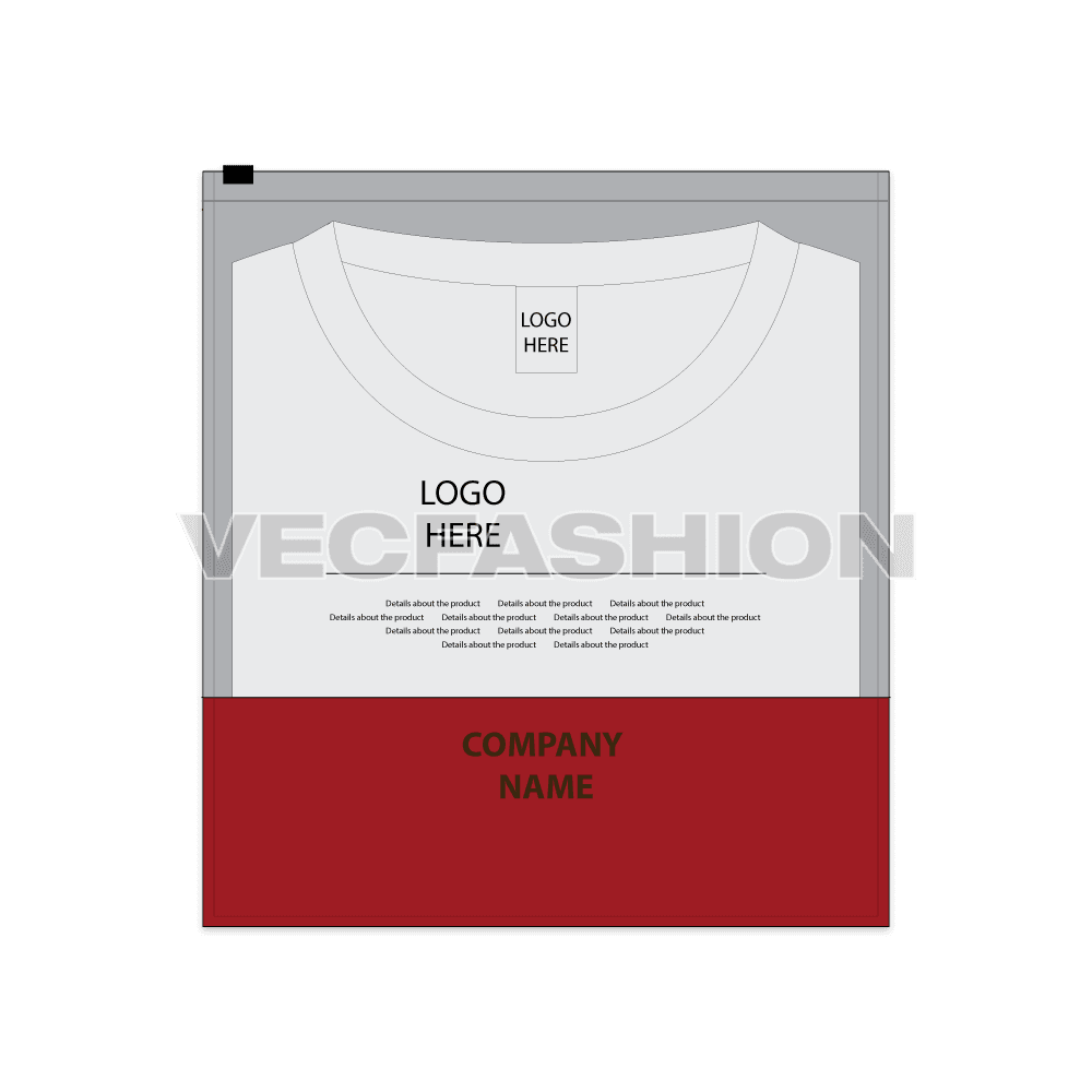 An editable illustrator vector template of Zipped Poly Bag for T-shirts. It is showing two view one with t-shirt inside and other one without. 